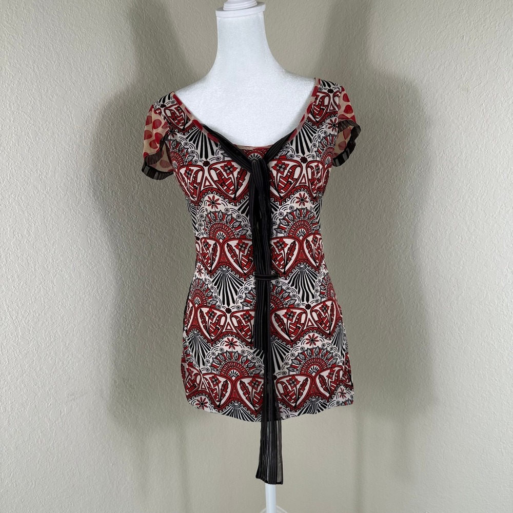 ANAC Top Women S Red Mesh Abstract Polka Dot Y2K Boho Tribal Print Retro Indie